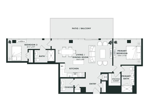 Floor plan for 2 beds, 2.5 baths, 1138 sqft